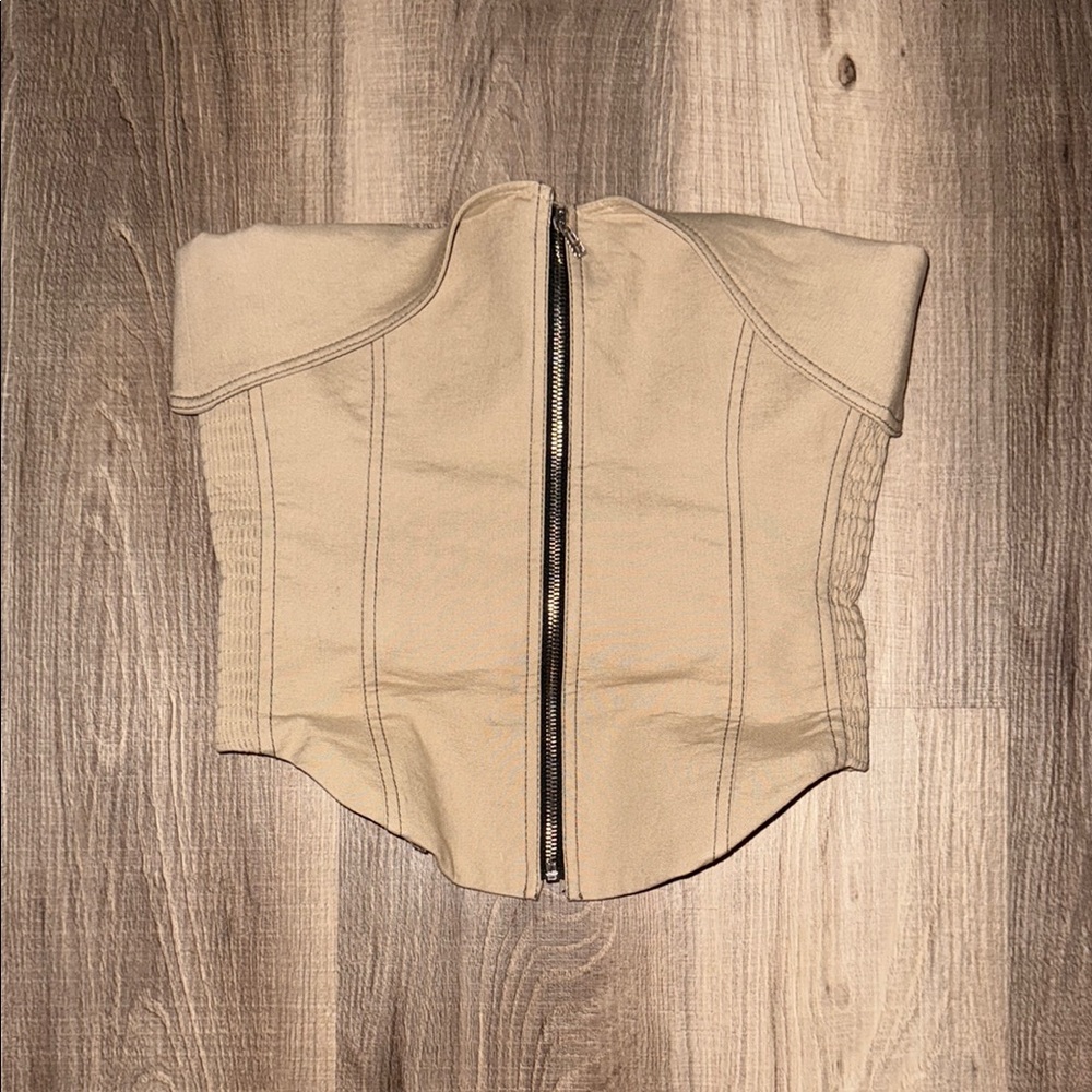 🤎 NWOT ZARA KHAKI TAN CAMEL BEIGE CORSET ZIP FRONT TOP SMALL 🤎